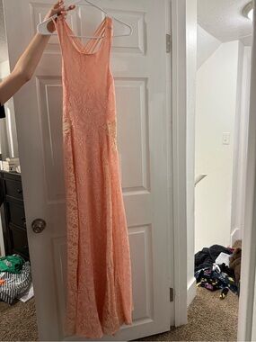 Peach Lace Maxi Dress with Strappy Back